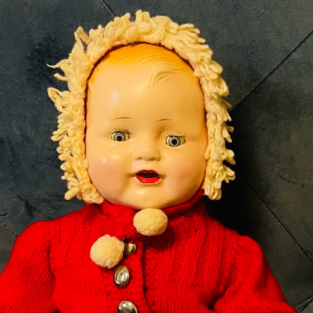 Antique Composition Baby Doll 17” Crying In Red Knitted Snowsuit Restored 1920s